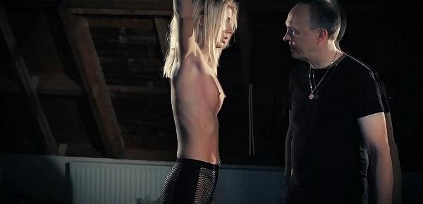 Intense bondage and bdsm punishment for teen that wants her master to slap her and spank her teen ass harder and then shove his cock inside her while pleasing with his whip and candle wax she has a fetish for this and ask to fuck her harder